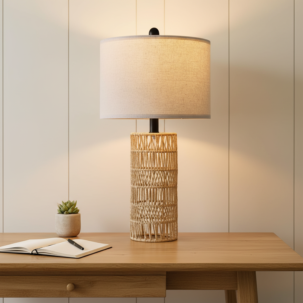 Malibu Rattan Column Table Lamp on a Japandi home office desk