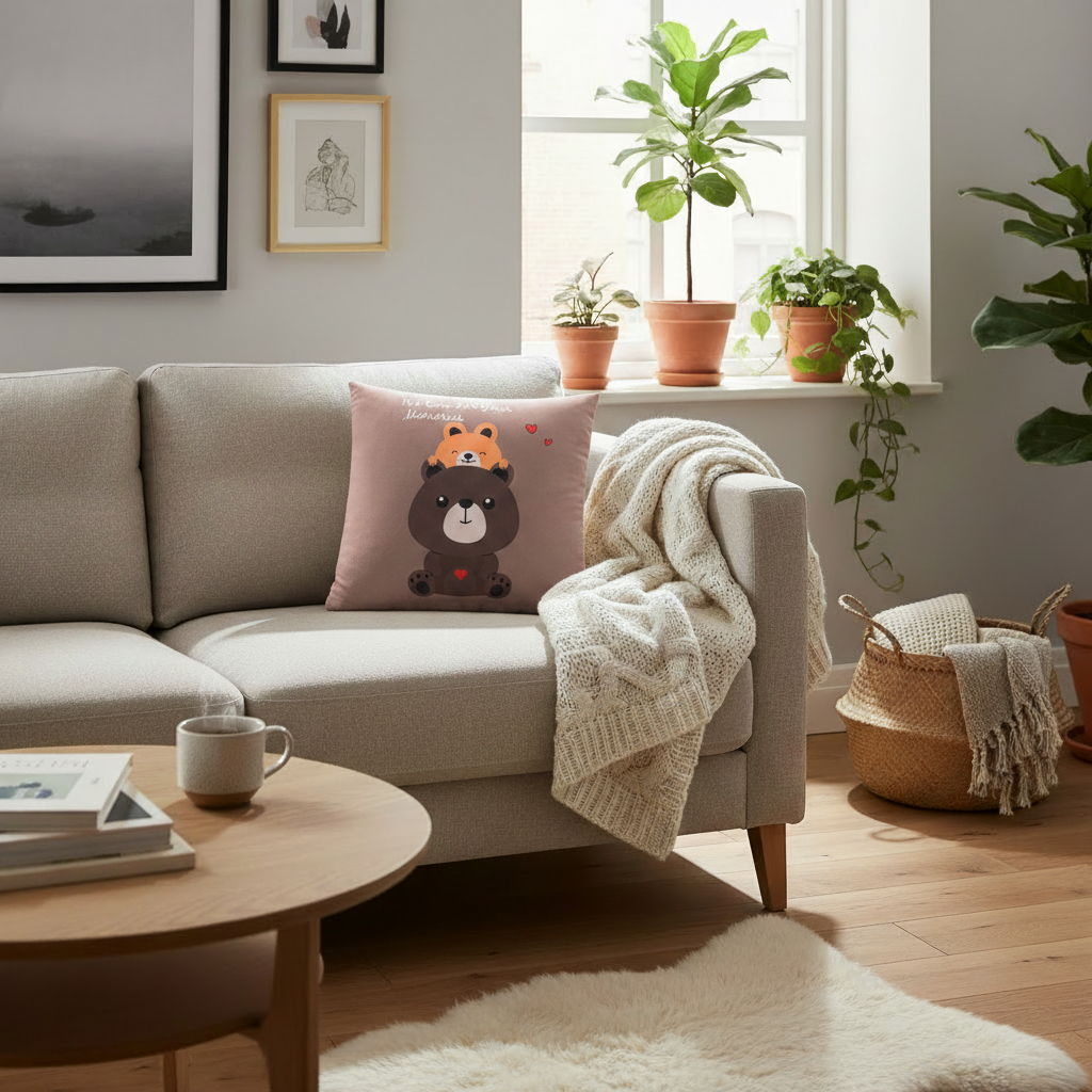 Milo Whimsical Decorative Cushion lifestyle image in a cosy Scandinavian living room