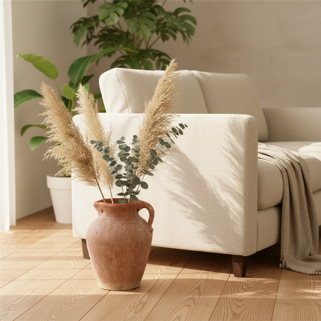 TerraVela Red Mud Floor Vase styled in a Japandi living room with dried pampas grass