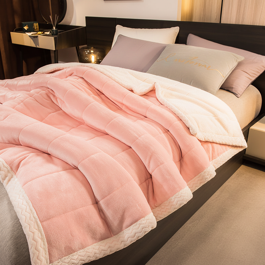Blush Pearl Windsor quilted velvet throw in soft blush pink — three-layer sherpa blanket with grid quilting and cream border trim, Studio Reign
