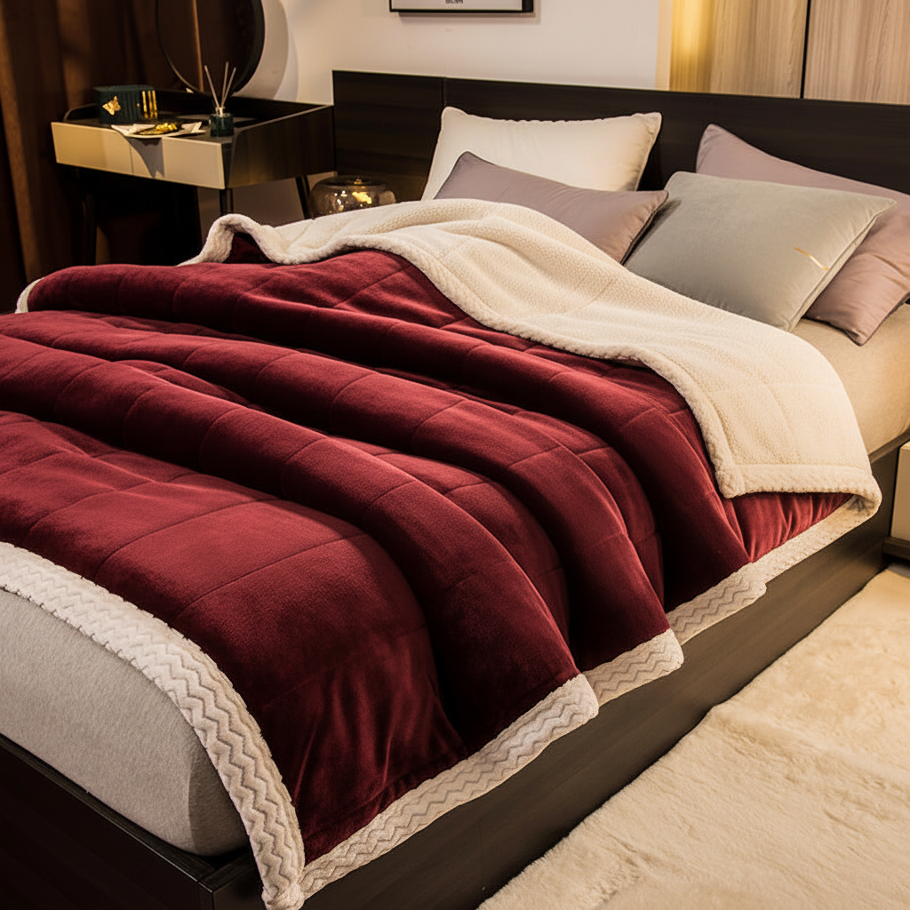 Bordeaux & Cream Windsor quilted velvet throw in deep wine red with cream sherpa reverse — three-layer sherpa blanket with grid quilting, Studio Reign
