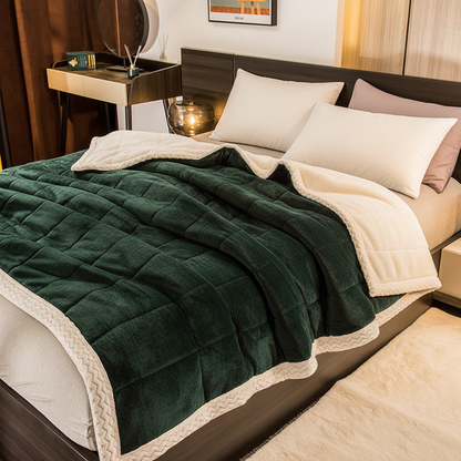 Emerald & Cream Windsor quilted velvet throw in deep forest green with cream sherpa reverse — three-layer sherpa blanket with grid quilting, Studio Reign