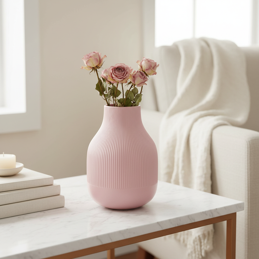 Roselle pink embossed ceramic belly vase styled on marble console with dried roses and candle