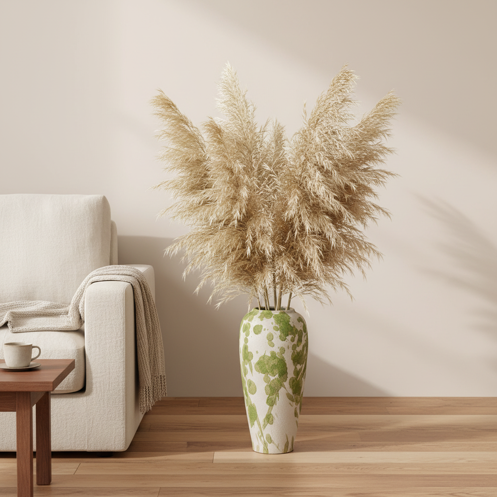 Speckled Ceramic Floor Vase in Japandi living room with pampas grass