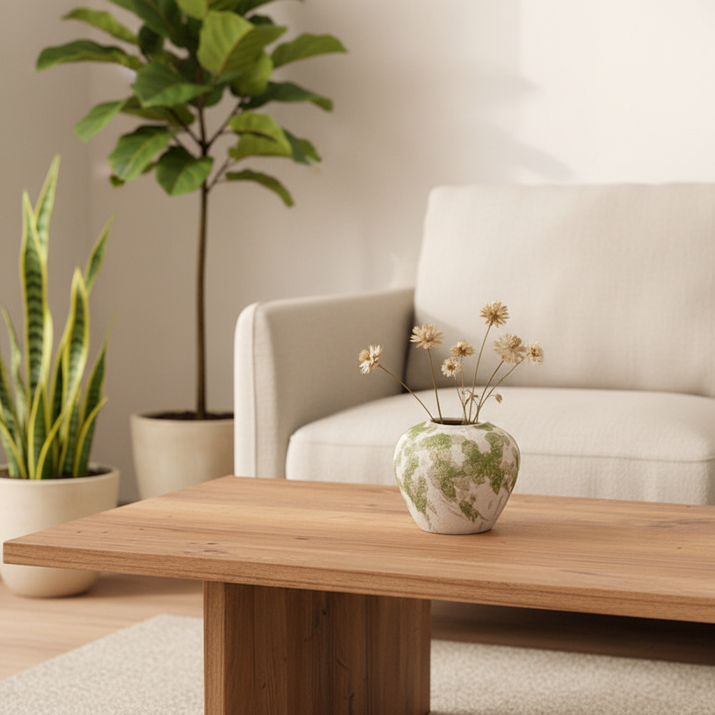 Small speckled ceramic vase on coffee table with dried wildflowers in Japandi living room