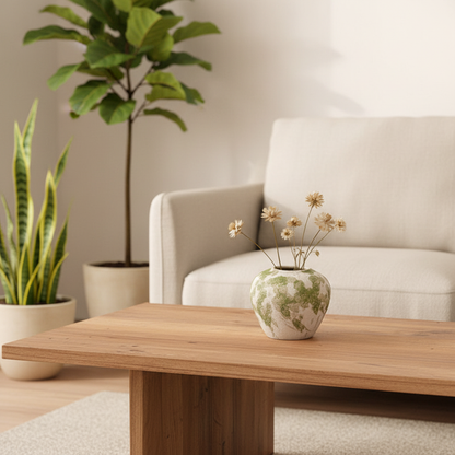 Small speckled ceramic vase on coffee table with dried wildflowers in Japandi living room