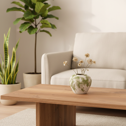 Small speckled ceramic vase on coffee table with dried wildflowers in Japandi living room