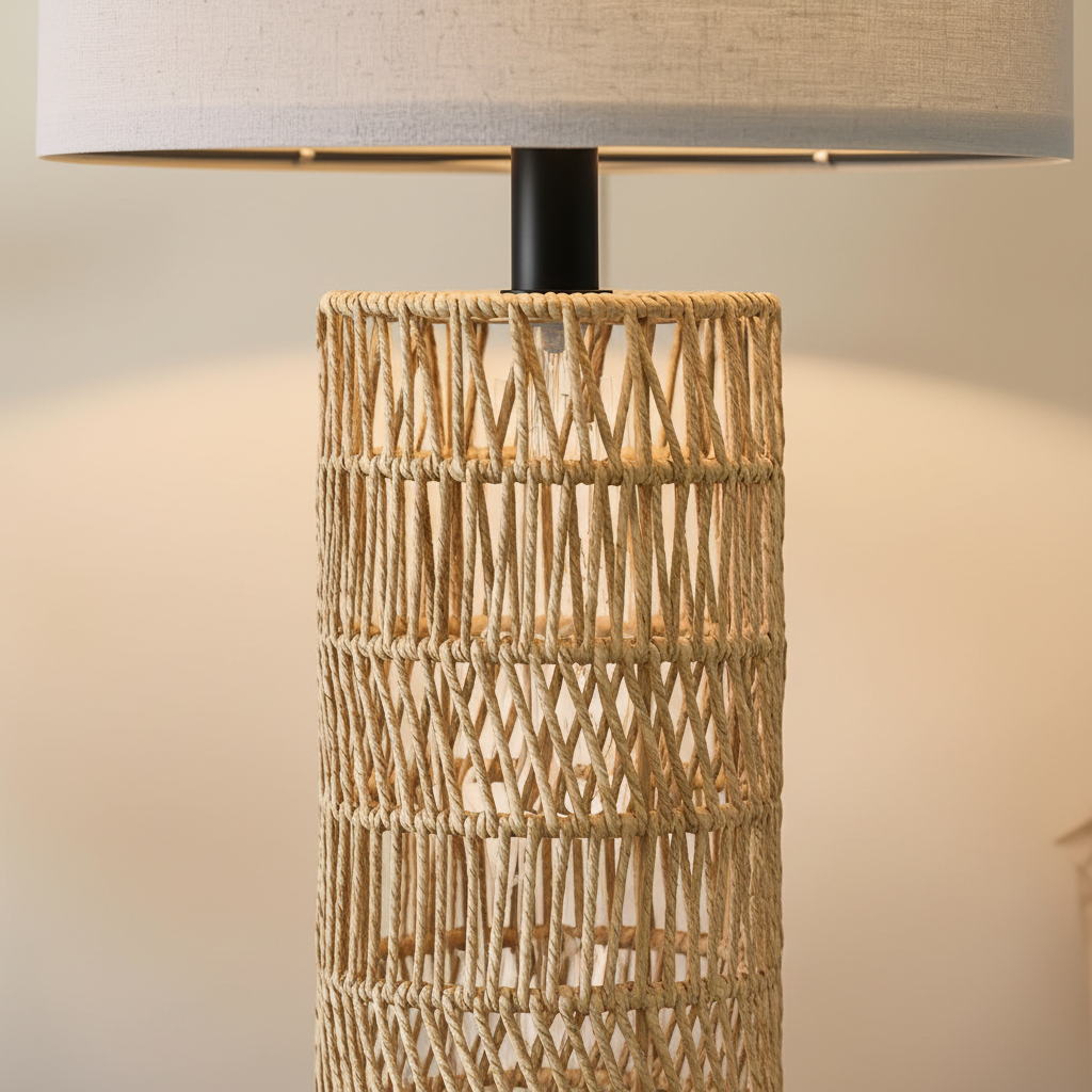 Malibu Rattan Column Table Lamp close-up detail of woven base