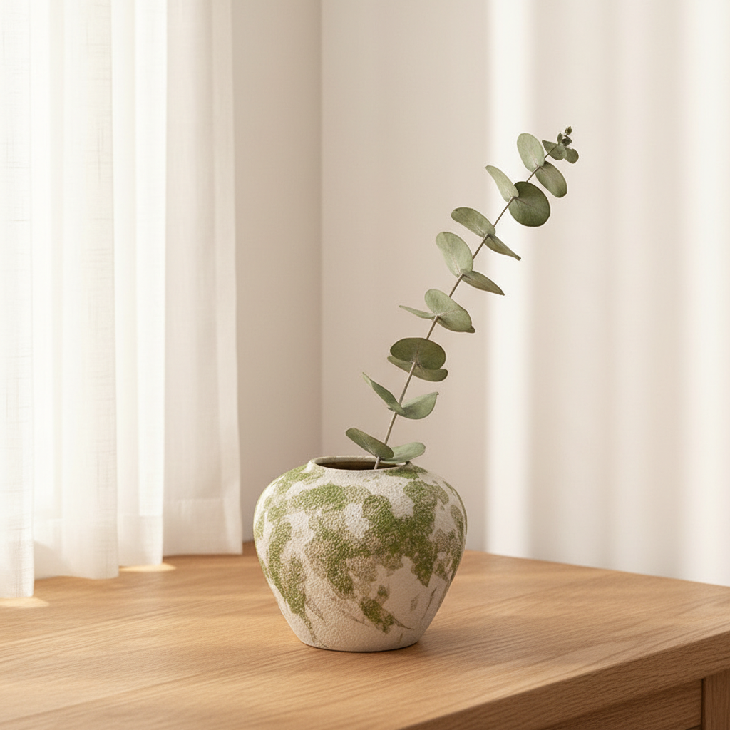 Small speckled ceramic vase on bedroom windowsill with eucalyptus in morning light