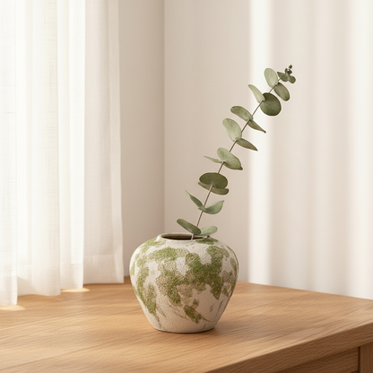 Small speckled ceramic vase on bedroom windowsill with eucalyptus in morning light