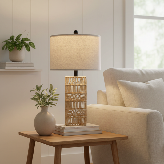 Malibu Rattan Column Table Lamp styled in a Scandinavian living room