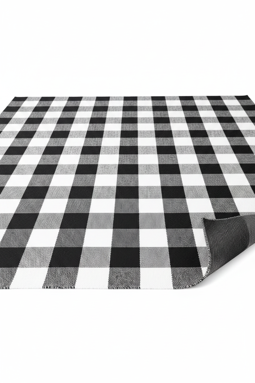 Portland cotton buffalo check runner rug rolled to show flat-weave construction and non-slip mesh backing — black and white, Studio Reign