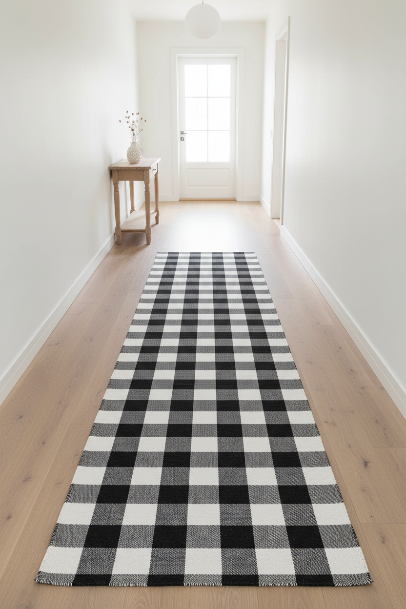 Portland monochrome buffalo check cotton runner rug in a Scandinavian hallway — black and white flat-woven rug on light oak floor, Studio Reign