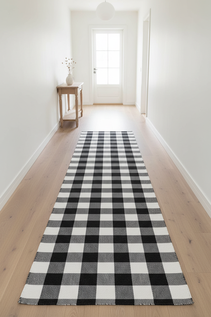 Portland monochrome buffalo check cotton runner rug in a Scandinavian hallway — black and white flat-woven rug on light oak floor, Studio Reign