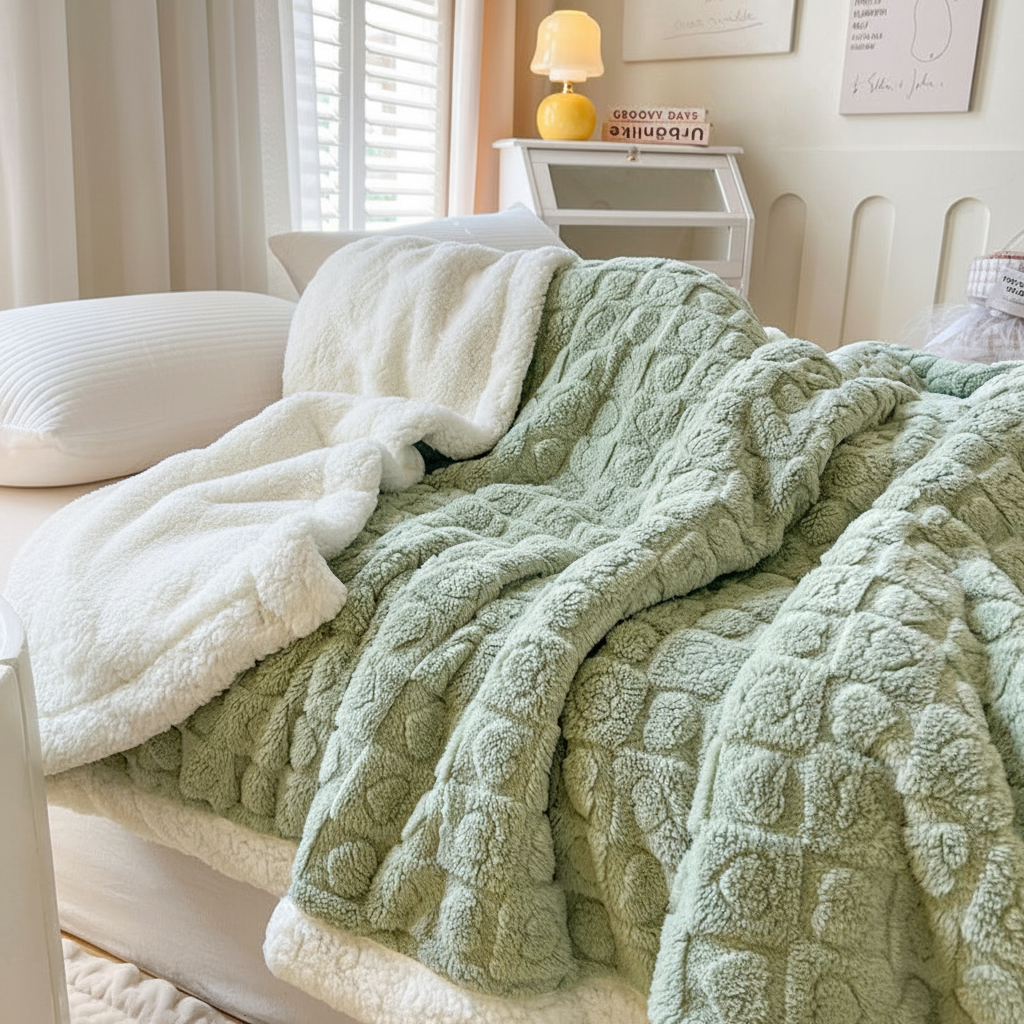 Sage Suede sculpted fleece throw draped over bed end — soft sage green double-layer sherpa blanket with circular bobble rosette pattern, Studio Reign