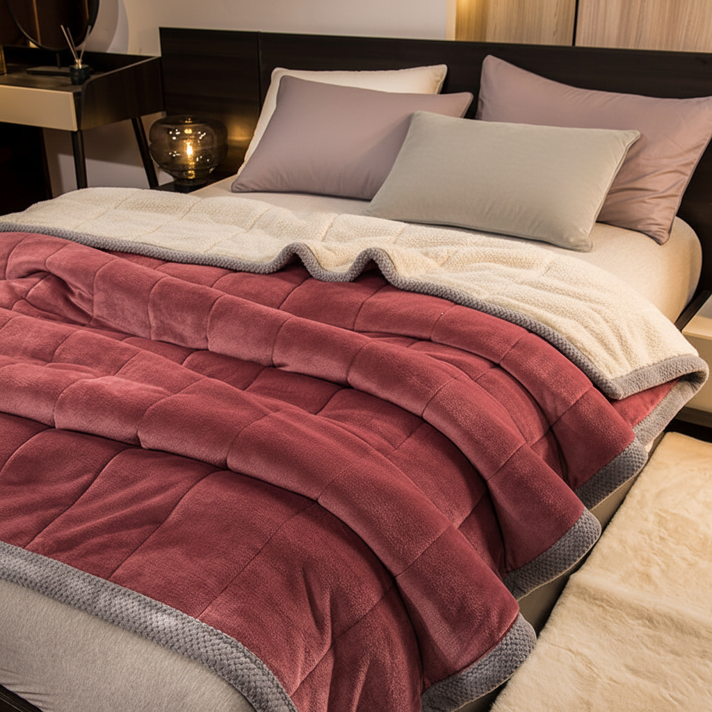 windsor quilted velvet throw in dusty mauve rose-grey — three-layer sherpa blanket with grid quilting and cream border trim, Studio Reign