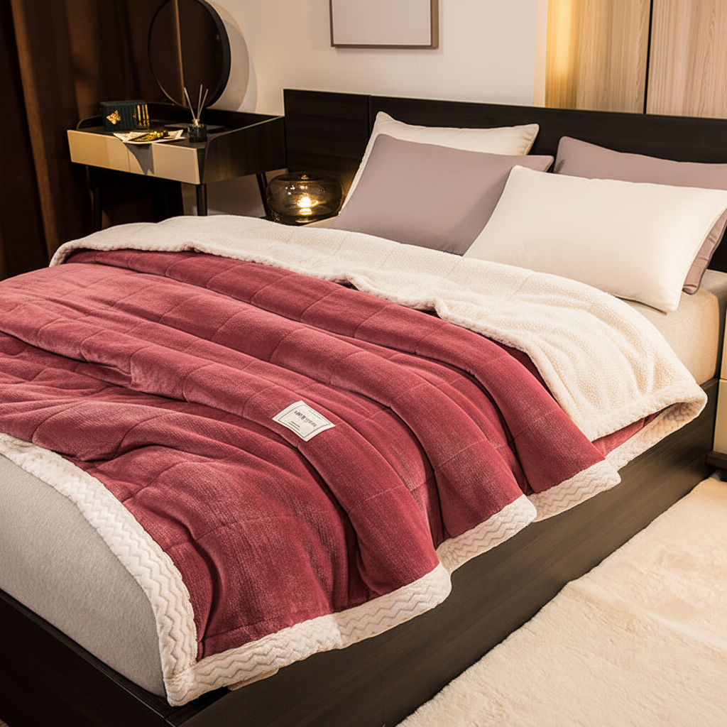 Soft Chestnut Windsor quilted velvet throw in deep berry plum — three-layer sherpa blanket with grid quilting and cream border trim, Studio Reign