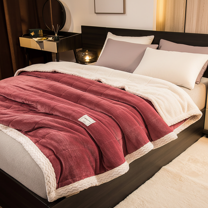 Soft Chestnut Windsor quilted velvet throw in deep berry plum — three-layer sherpa blanket with grid quilting and cream border trim, Studio Reign