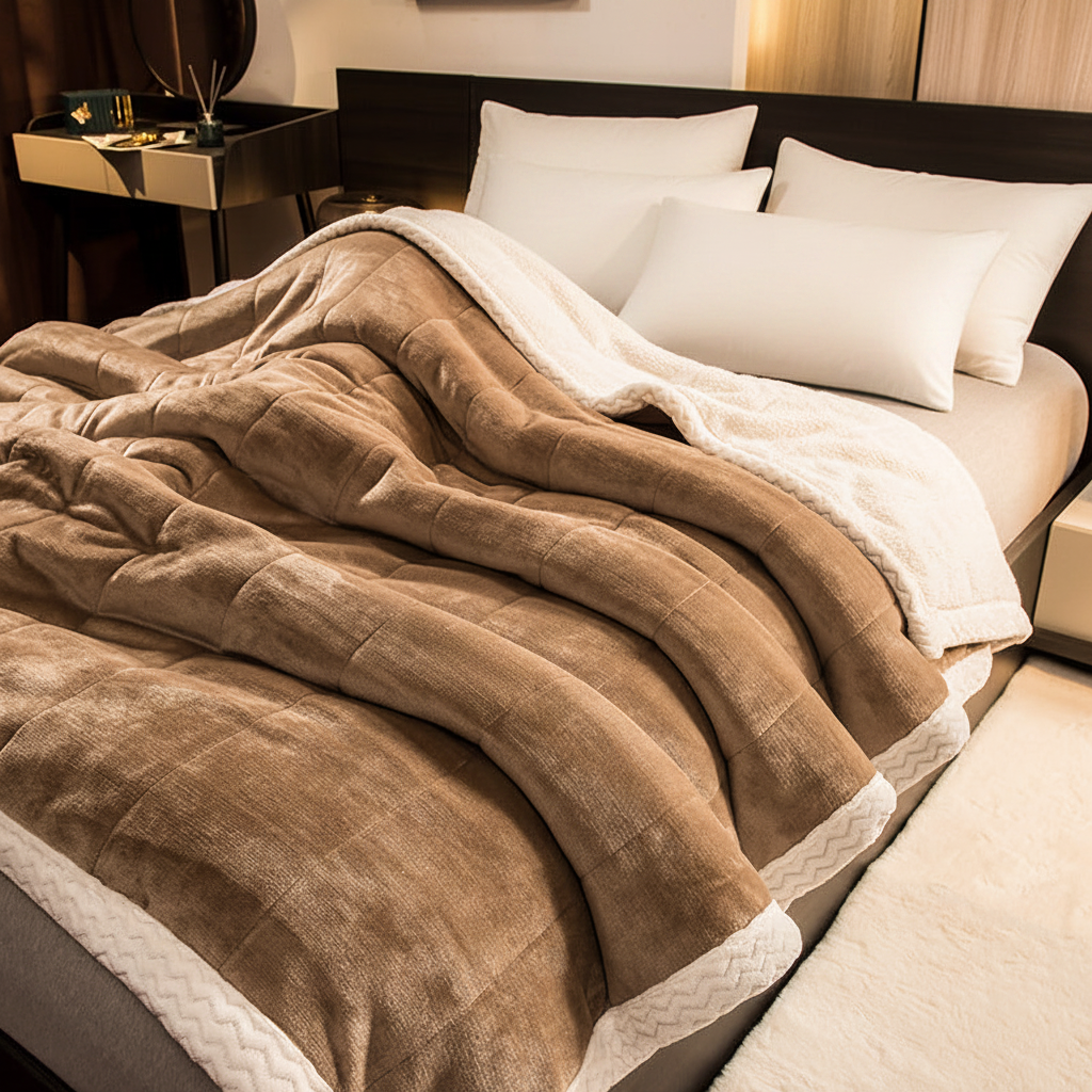 Toasted Almond Windsor quilted velvet throw in warm camel tan — three-layer sherpa blanket with grid quilting and cream border trim, Studio Reign